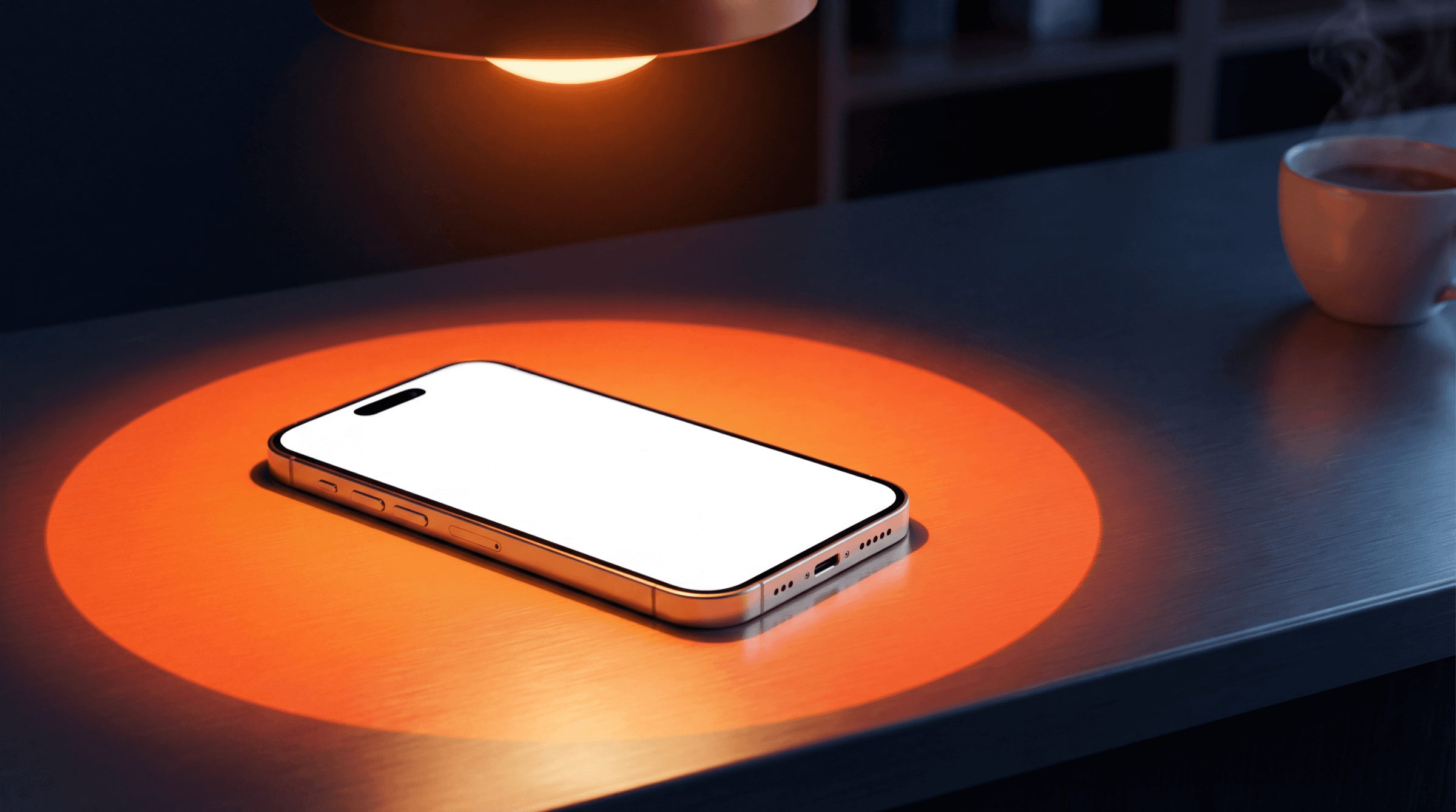 iPhone on a stainless-steel counter lit by a warm overhead lamp.