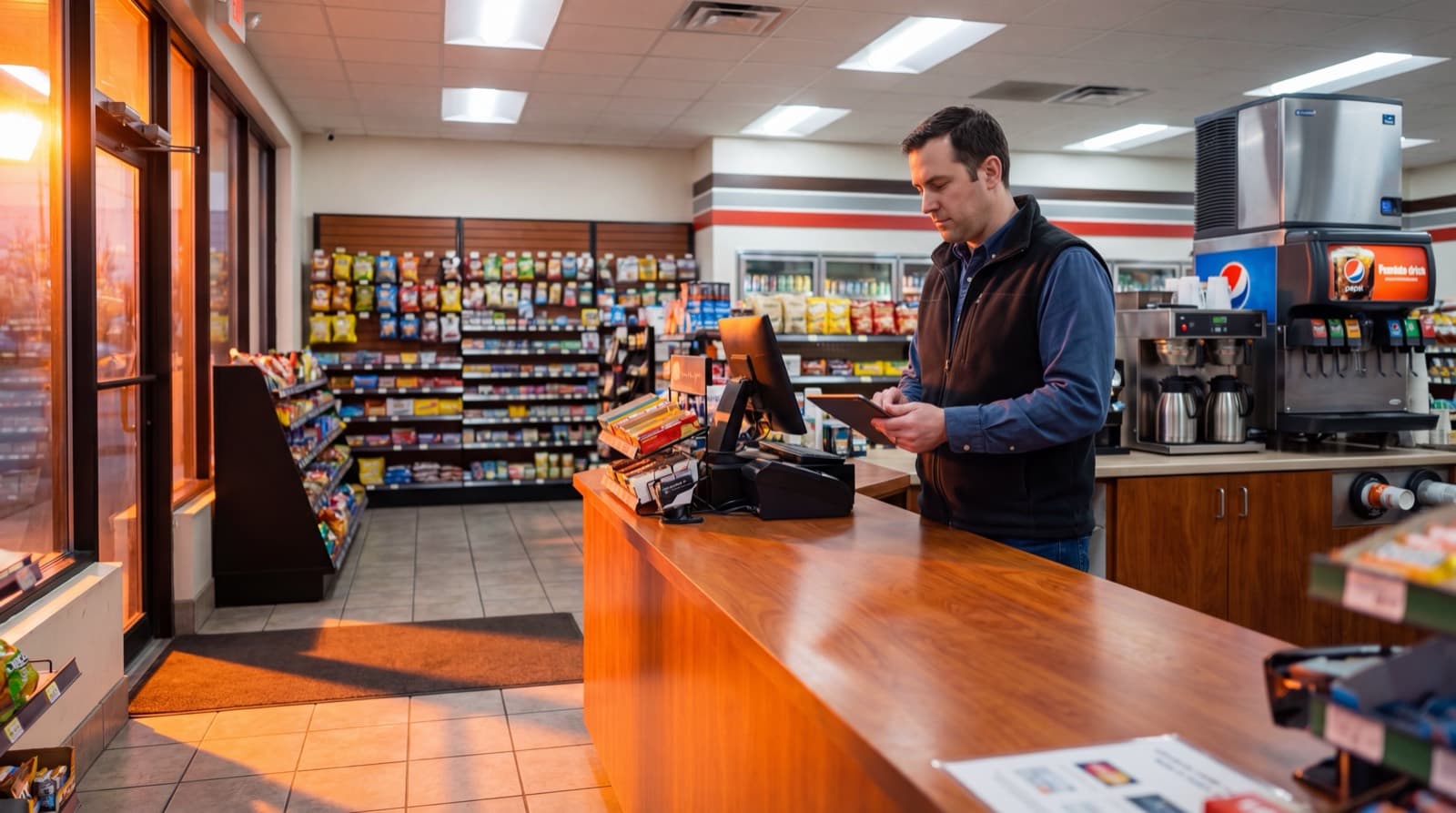 Interior of a well-lit convenience store with neat shelves and a clean counter.